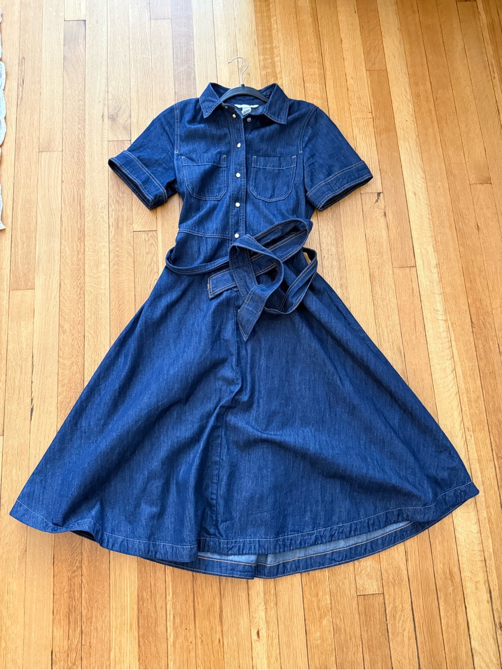 H&M Dark Blue Denim Midi Shirt Dress with Tie Belt
